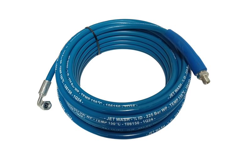 Slick Blue Pressure Washer Hose HD 1/4" 1 Wire 225 Bar 150deg C 3/8" Male - 3/8" Swept 90 degree - 15 metre