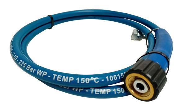 Slick Blue Pressure Washer Hose Reel/Fly Hose 1/4" 1 Wire 225 Bar 150deg C M22 - 3/8" Swept 90 degree Fittings - 1.5 metre