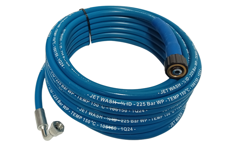 Slick Blue Pressure Washer Hose HD 1/4" 1 Wire 225 Bar 150deg C M22 - 3/8" Swept 90 elbow - 20 metre