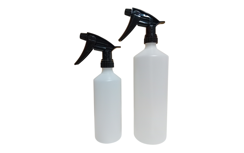 General Purpose HDPE Spray Bottles fitted with Tolco Chemical Resistant Black Trigger - 0.5 litre and 1 litre